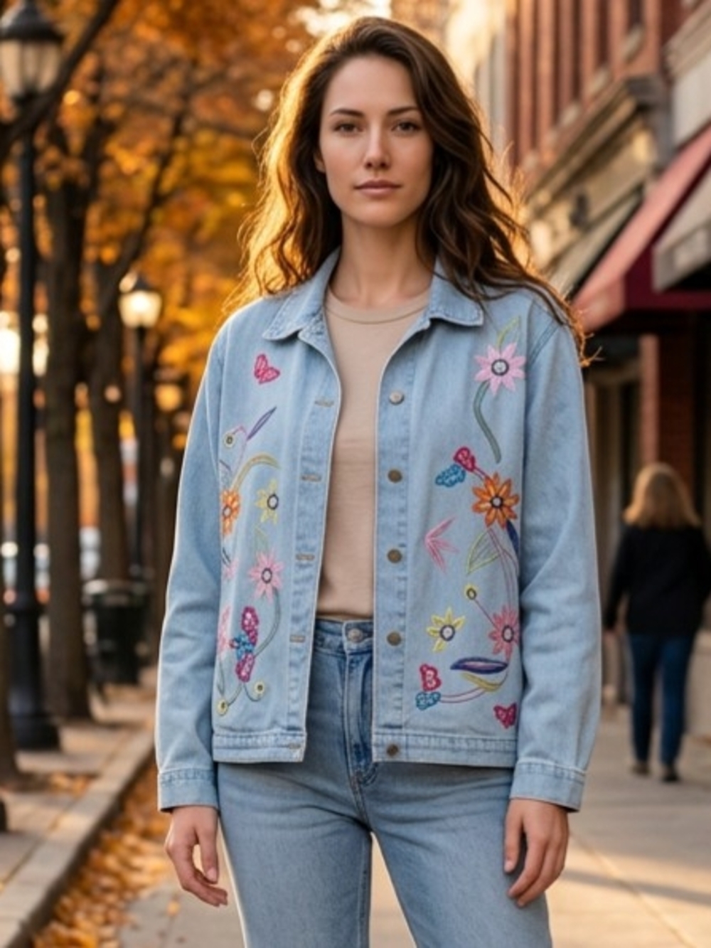 Vintage White Stag Light-Wash Denim Jacket Embroidered Floral/Butterfly Motif XL